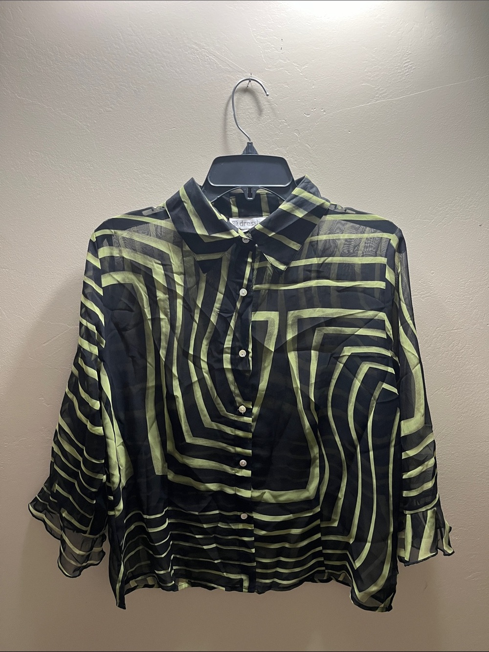 Dress Barn Black and Lime Geometric Sheer Button-Up